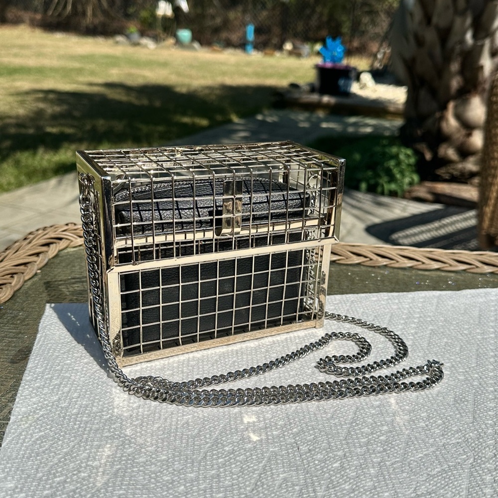 Silver and Black Cage Clutch with Chain - Picture 11 of 11